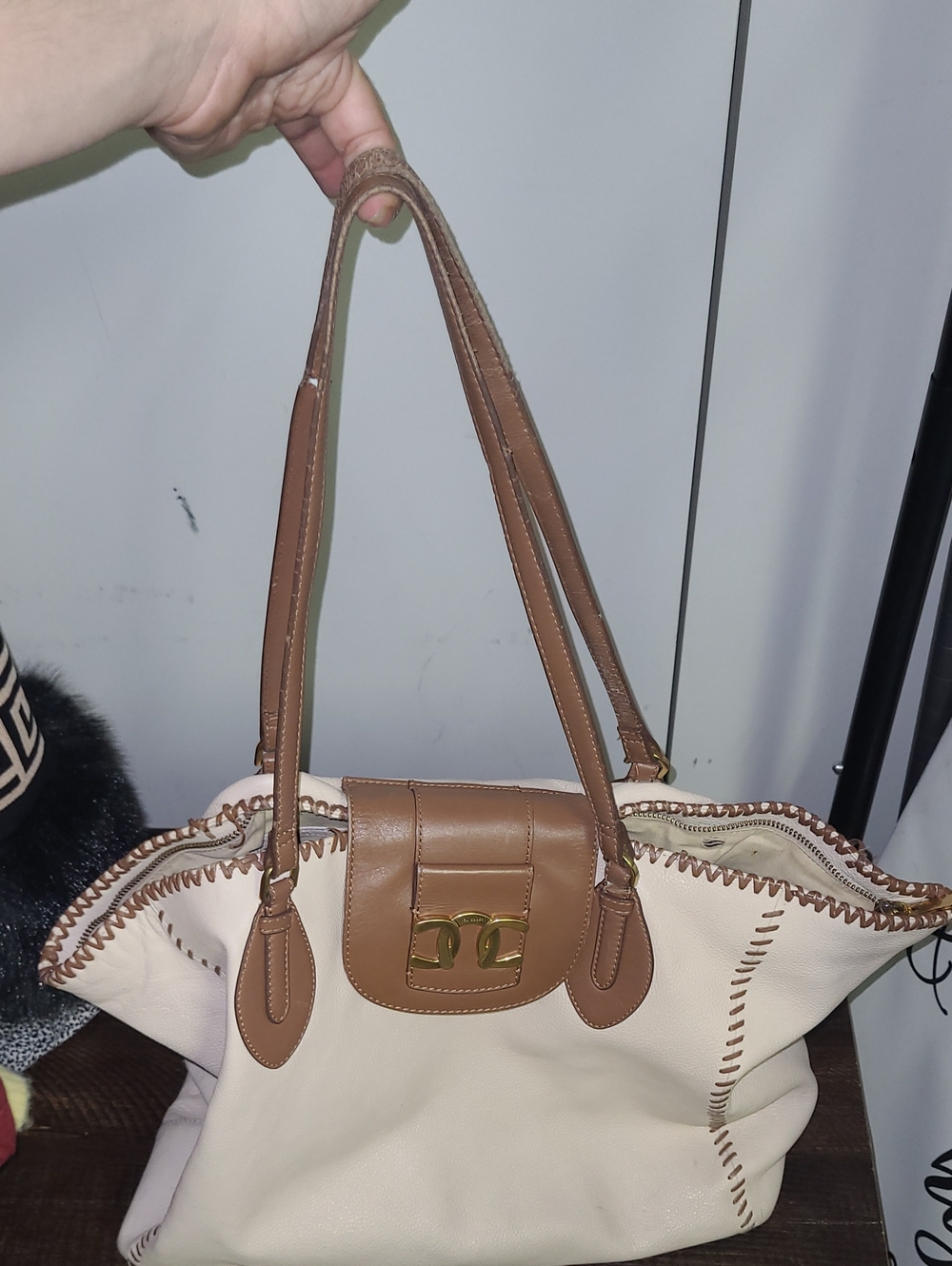 Red Bakwr Cream and Brown Women's Tote Bag with Gold Accent